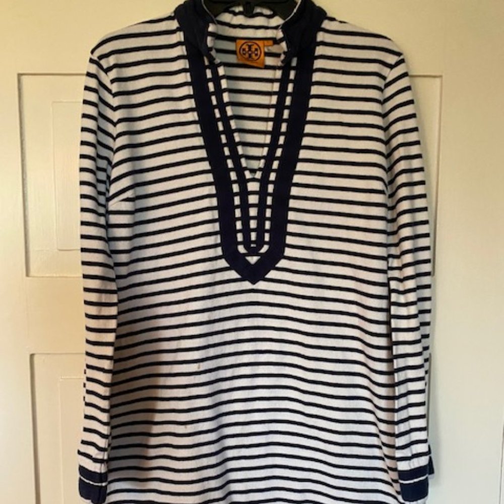 Tory Burch Navy and White Striped Tunic, Size Large